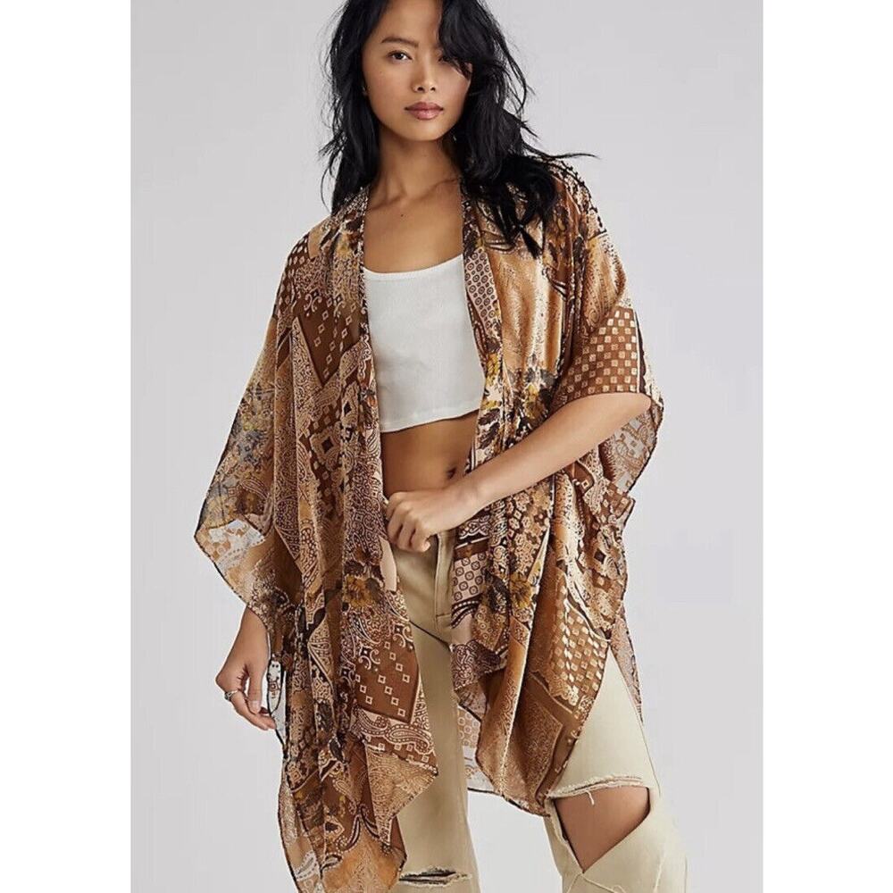 Free People Stevie Patchwork Kimono Floral Velvet Burnout Black Gold OS